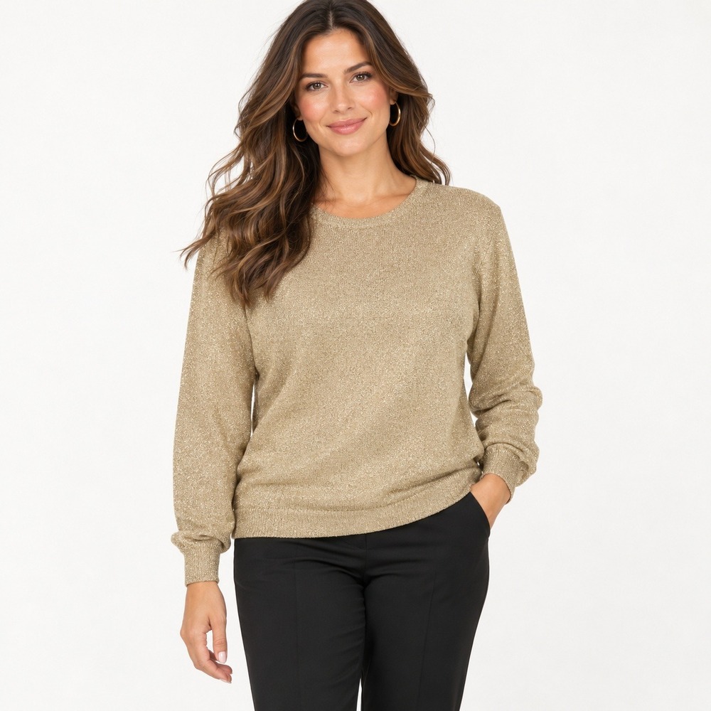Talbots Gold Metallic Knit Sweater Womens M Long Sleeve Keyhole Evening Glam
